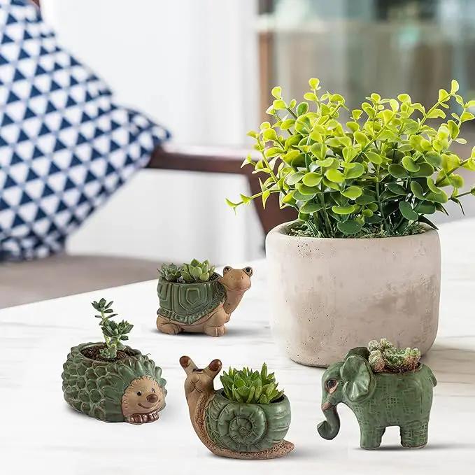 Small Succulent Pots with Drainage, Ceramic Animal Planter, Indoor Plant, Cute Cactus/Bonsai Flower Pots for Home Decor and Office Desk Decoration, A Set of 4 Pieces is Suitable as A Gift by GreenHaven Gardens