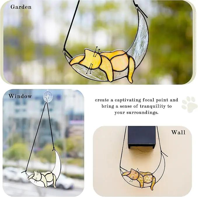 HDCRYSTALGIFTS Orange Cat On Moon Stained Glass Window Hangings,Tabby Cat Decoration suncatcher Hanging Ornament Gift for Mom,Cat Memorial Gifts for Cat Lovers, Pet Loss Sympathy Gift by GreenHaven Gardens
