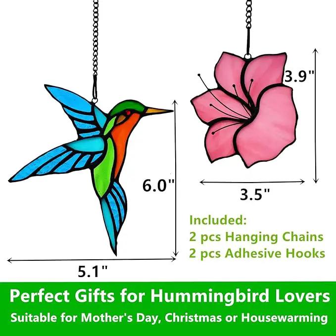 2 Pack Stained Glass Hummingbird with Flower Suncatcher for Window Hanging Ornament, Sun Catchers Indoor Window, Stained Glass Birds with Flower Gifts for Women, Mom, Birds Lovers by GreenHaven Gardens