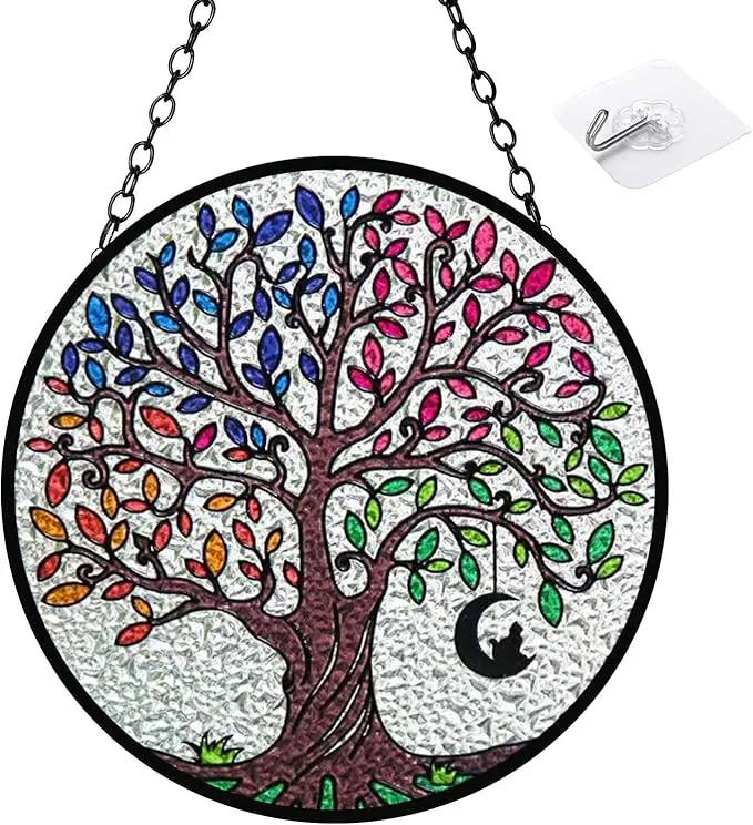 Artificial Trees of Life Suncatchers for Home Decorative Hanging Ornaments with Stick Hook for Window Hanging Hand-Painted Fake Plants Tree&Cat Memorial Gifts for Women 6.3'' * 6.3'' by GreenHaven Gardens