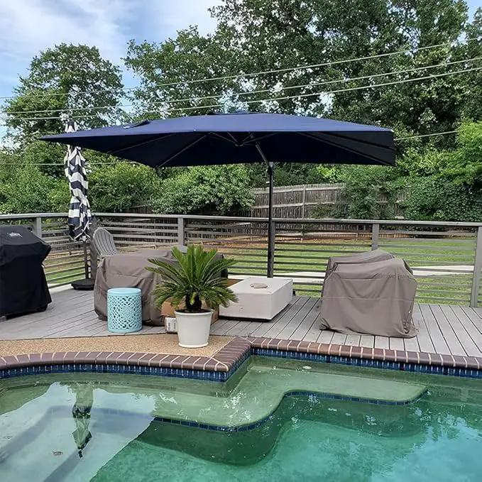PURPLE LEAF 9' X 11.5' Cantilever Outdoor Rectangle Umbrella Patio Umbrella with Base Offset Umbrella with 360-degree Rotation for Garden Pool Deck Patio Navy Blue by GreenHaven Gardens