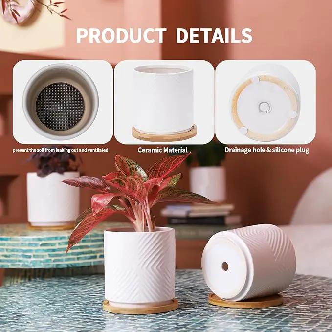 5.25 Inch Ceramic Planter Pot for Indoor Plants with Drainage Holes, Geometry Design White Flower Planter Pots with Bamboo Saucer, for Succulent, Snake Plants, Cactus & Herbs, Set of 4 by GreenHaven Gardens