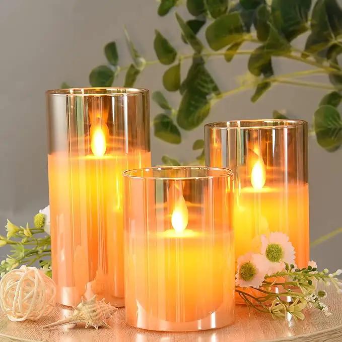 JOSU Flameless Candles 4" 5" 6" Set of 3 Outdoor Indoor Fake Pillars Gold Glass LED Battery Operated Candles Include 10-Key Remote Timer for Wedding Party Halloween Christmas Thanksgiving Fall Diwali by GreenHaven Gardens