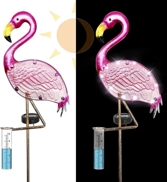 Flamingo Rain Gauge Solar Stake Outdoor, 43’’ Solar Rain Gauge LED Lights with Rainfall Gauge for Garden, Yard, Lawn, Pathway, Patio by GreenHaven Gardens