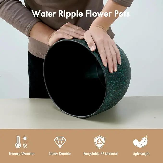 12 Inch Wide Water Ripples Flower Pots for Indoor or Outdoor Plants, Large Plant Pots with Drainage Holes & Saucer, Plastic Planters Set for Garden & Home Decor (Black with Green Speckles) by GreenHaven Gardens