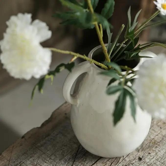 White Ceramic Vase with 2 Handles, Modern Farmhouse Decor, Rustic Terracotta Pottery, Decorative Flower Vases, Clay Small Vase, Centerpiece for Dining Table - 7 Inch Tall by GreenHaven Gardens