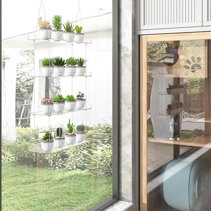 4-TierClear Plant Shelves, Height Adjustable Hanging Acrylic Indoor Wall Hanging Plant Stand Flower Display, Flower Pot Organizer Storage for Window Grow Herbs, Microgreens, Succulents, 16 Inch by GreenHaven Gardens