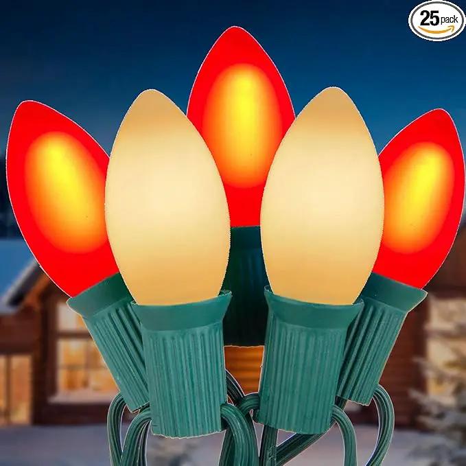 25FT C9 Christmas Lights Outdoor,Red and White C9 Christmas Lights with 26 Ceramic Bulbs(1 Spare), Connectable Incandescent Christmas Lights for Indoor Outdoor Party Home Decor,Green Wire by GreenHaven Gardens