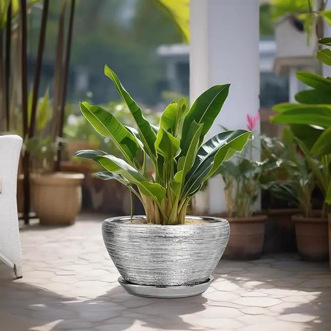 Flower Pot for Indoor Plants - Ceramic Planter 13 Inch Plant Pot with Drainage Hole and Saucer Large Decorative Planter Outdoor Mid-Century Planter for House Decor Silver by GreenHaven Gardens