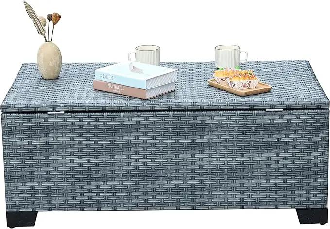 Outdoor Storage Table Wicker Patio Coffee Table All-Weather Rattan Side Table with Waterproof Cover, Grey by GreenHaven Gardens