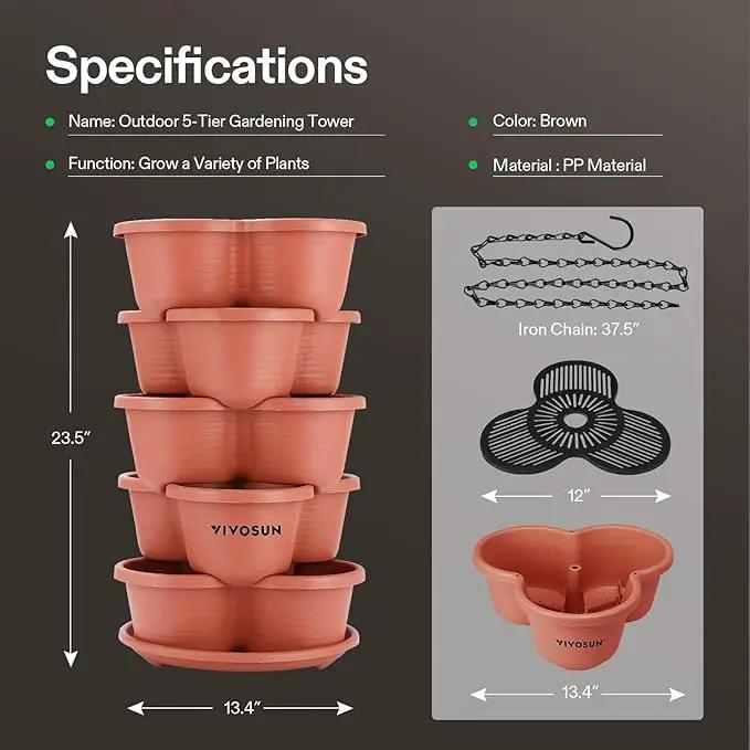 VIVOSUN 2-Pack 5 Tier Vertical Gardening Stackable Planter for Strawberries, Flowers, Herbs, Vegetables, Brown by GreenHaven Gardens