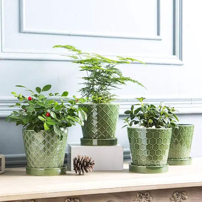 EFISPSS Flower Planter –5 inch Ceramic Plant Pots with Drainage Hole and Ceramic Tray - Gardening Home Desktop Office Windowsill Decoration Gift Set of 4 - Plants NOT Included by GreenHaven Gardens