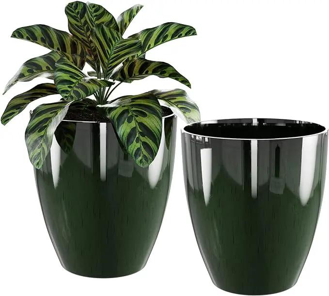 QCQHDU Plant Pots Set of 2 Pack,10 Inch Plant Pot for Indoor and Outdoor Plants with Drainage Hole,Flower Pots Modern Decorative Planter for Garden Plants (Green) by GreenHaven Gardens