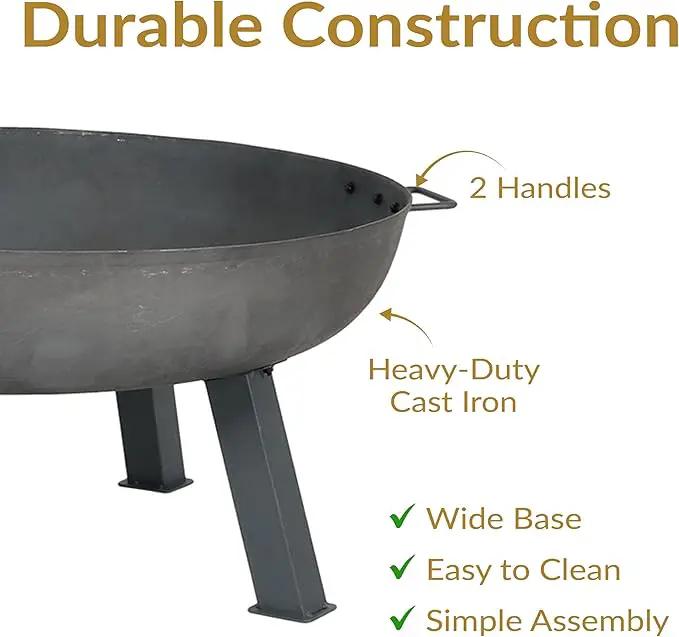 Sunnydaze 30-Inch Cast Iron Heavy-Duty Fire Pit for Outside - Wood-Burning Outdoor Fire Pit Bowl with Handles - Steel Finish by GreenHaven Gardens