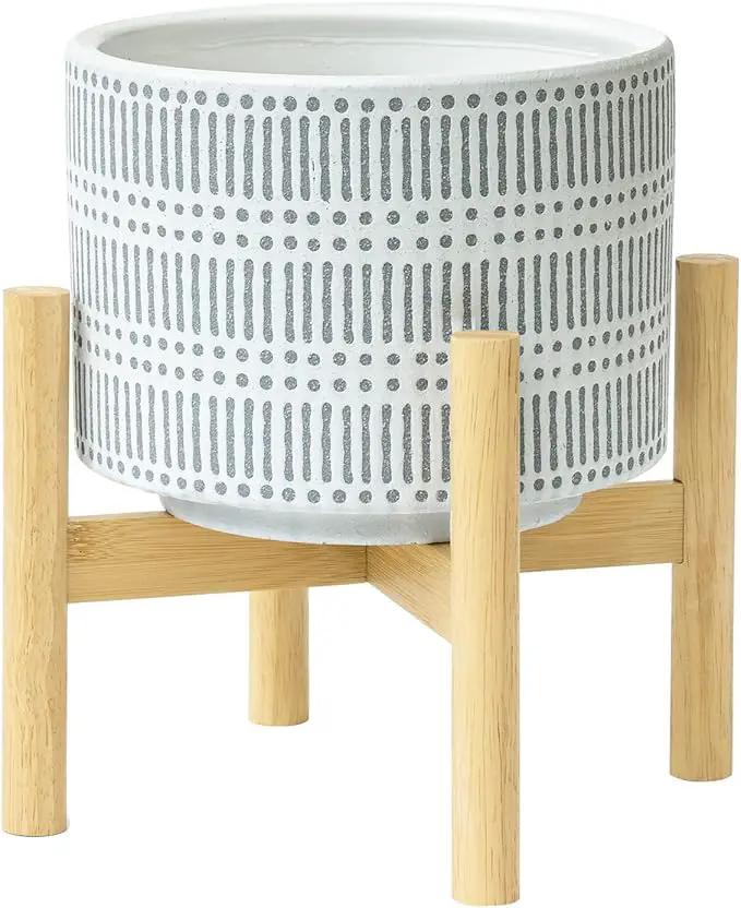 LA JOLIE MUSE Ceramic Plant Pot with Wood Stand - 7.3 Inch Modern Round Decorative Flower Pot Indoor with Wood Planter Holder, Slate Blue and White by GreenHaven Gardens