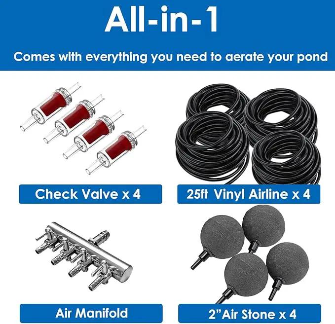 AquaMiracle Pond Aeration Kit Pond Air Pump Koi Pond Aerator for Pond up to 3000 Gallons Pond Deicer All-in-One Pond Aeration System with 4-Outlet Airline Tubing Air Stones Check Valves by GreenHaven Gardens