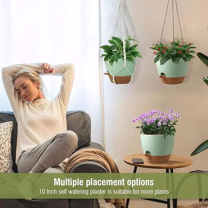 10 inch Self Watering Hanging Planters for Indoor Plants, 2 Pack Hanging Baskets for Outdoor Plants, Hanging Flower Pots with Drainage Holes & 2 Kinds of Plant Hangers for Home Decor, Green by GreenHaven Gardens