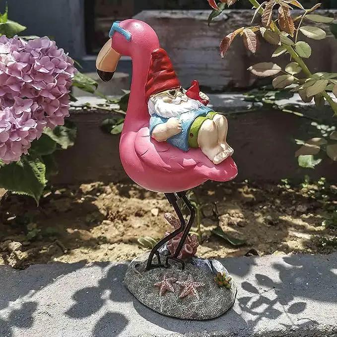 Gnome Garden Statue Funny Gnome Reclining on Flamingo Figurines, Resin Garden Gnomes Fall Decorations Outdoor for Patio Yard Lawn Porch, Ornament Gift by GreenHaven Gardens