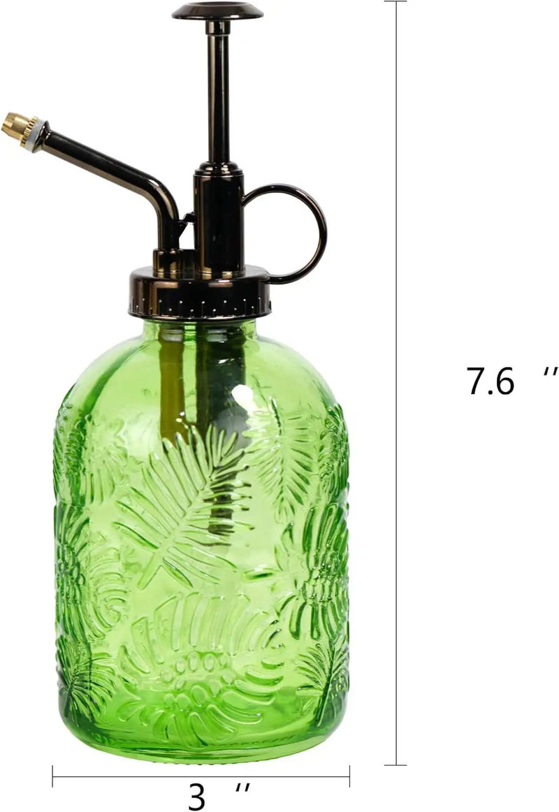 11.8 Ounce Glass Plant Spray Bottle, Glass Leaf Print One Handed Watering Can with Antique Brass Plastic One Handed Top Pump, 7.6 Inch Tall Indoor and Outdoor Plant Small Spray Bottle (Green) by GreenHaven Gardens