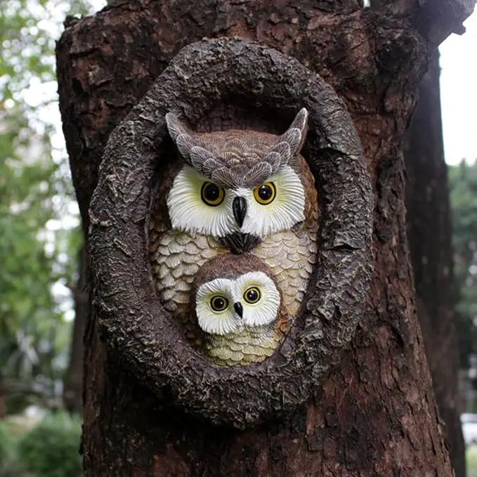 Owl Tree Hugger Whimsical Tree Sculpture Garden Statues Outdoor Tree Face Decor Garden Peeker Yard Art Decorations (Mom and Baby Owl) by GreenHaven Gardens
