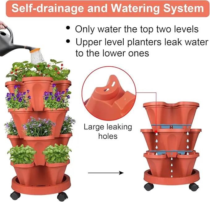 Vertical Planter 4 Tier Stackable Planters Garden Planters Strawberry Herb Flower and Vegetable Planter Indoor Outdoor Gardening Pots with Removable Wheels and Tools 2-Pack by GreenHaven Gardens