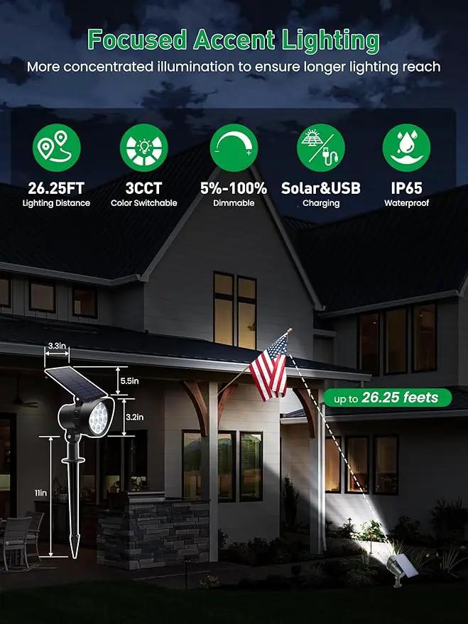 3CCT Solar Spot Lights Outdoor Dimmable, Solar Landscape Spotlights IP65 Waterproof, Dusk-to-Dawn Flag Pole Lights for Garden Yard Landscape Decorations, 4 Pack by GreenHaven Gardens