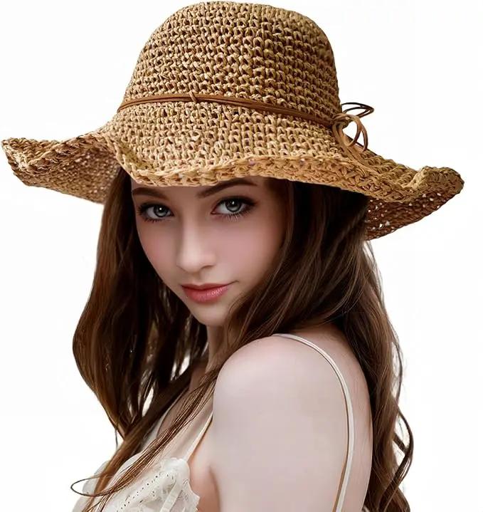 Womens Straw Beach Sun Hats, Foldable Packable Floppy Handmade Crochet Hats for Women,Large Summer Vacation Wide Brim Hat by GreenHaven Gardens
