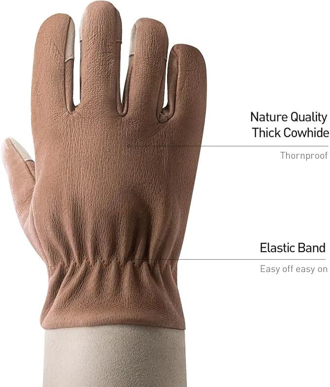 HANDLANDY Long Gardening Gloves for Men & Women, Thorn Proof Rose Pruning Gloves Leather Gauntlets Garden Glove Yard Work Glove (Large, Brown) by GreenHaven Gardens