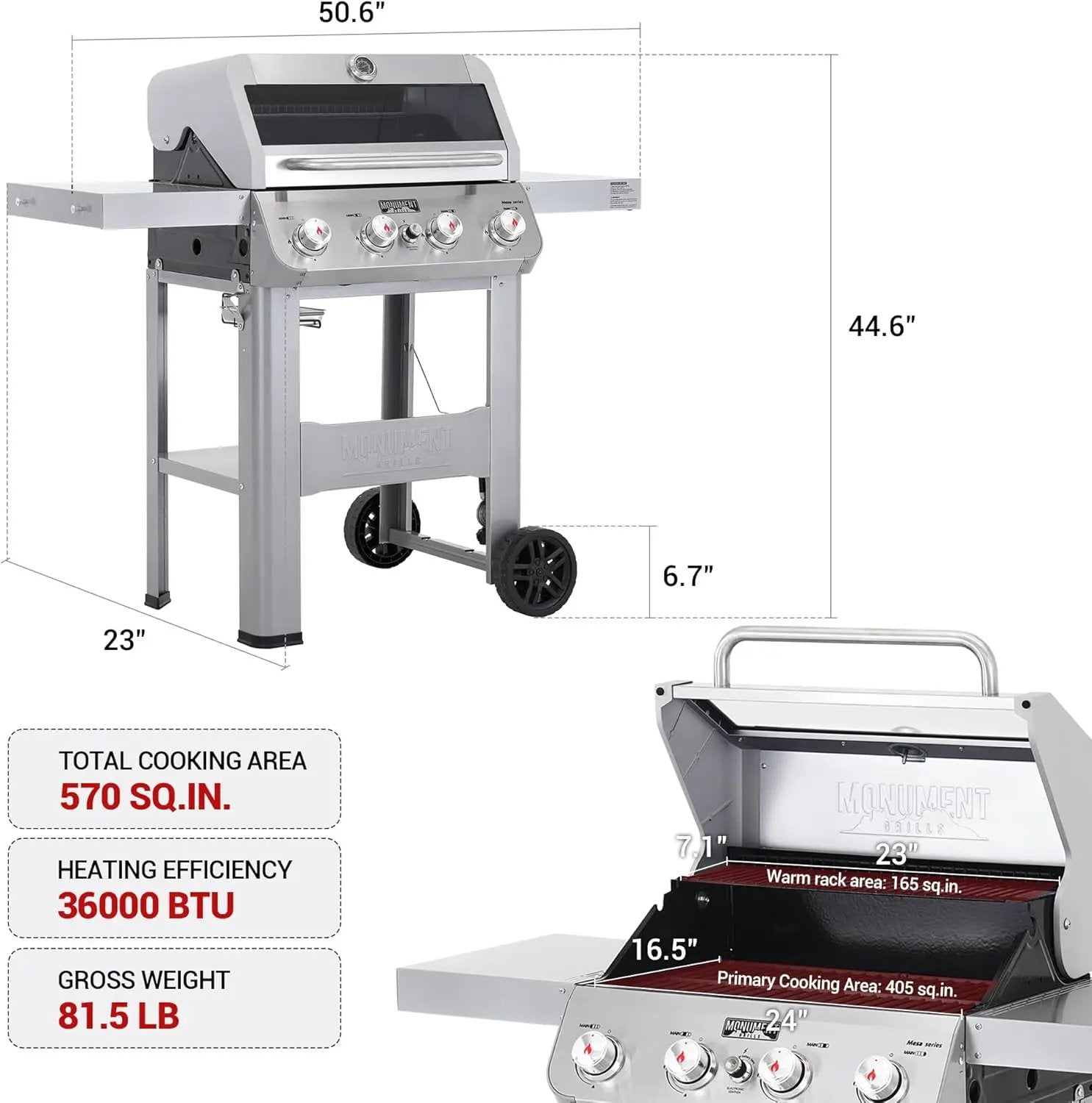 Monument Grills 4-Burner Liquid Propane Gas Grill, Silver Stainless Steel Grill Outdoor Patio Garden Barbecue Grill with Clearview® Lid and One Foldable Shelf, Mesa400MF by GreenHaven Gardens