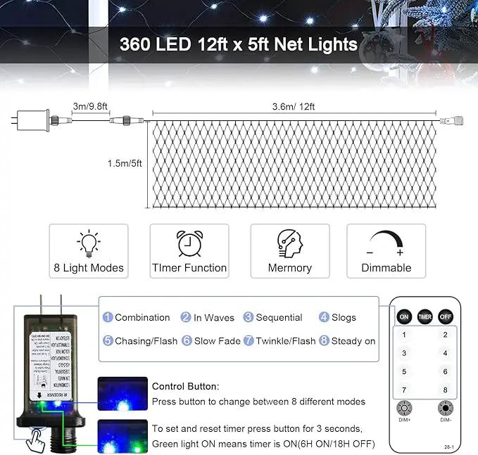 JMEXSUSS 360 LED Net Christmas Lights Outdoor Waterproof, Connectable 12ft x 5ft, 8 Modes with Remote by GreenHaven Gardens