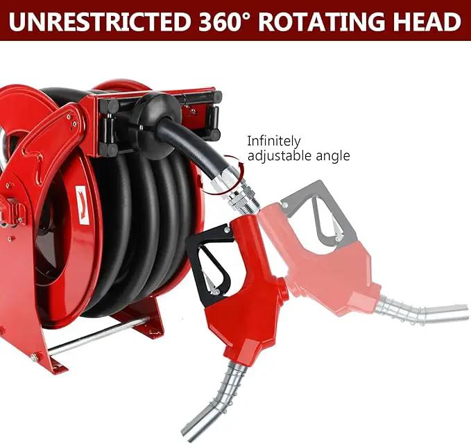 Fuel Hose Reel with Fueling Nozzle, 1" x 33FT Retractable Diesel Hose Reel, 300 PSI Industrial Heavy Duty Auto Swivel Rewind Hose Holder Reels, for Vehicle Tank Truck Trailer Ship by GreenHaven Gardens
