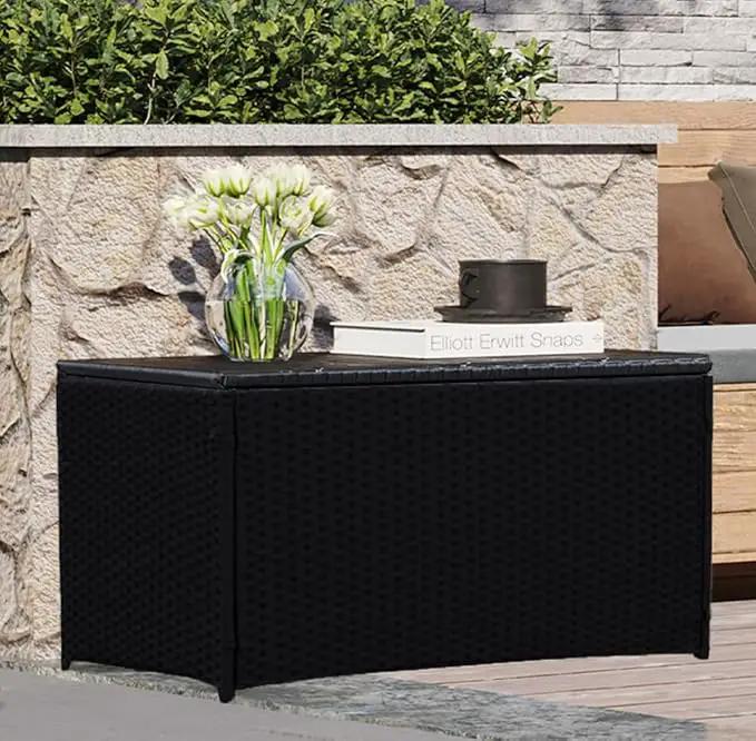 Outdoor 70 Gallon Wicker Storage Box with Waterproof Liner, Patio PE Rattan Storage Container for Outside, Deck Box with Hinged Lid for Cushions, Pillows, Towels, Horizontal Bin, Black by GreenHaven Gardens