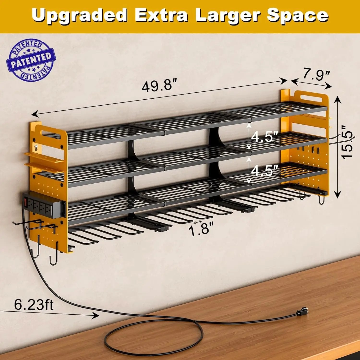 12 Cordless Drill Holder Large Power Tool Organizer Wall Mount with Side Pegboard & Screwdriver Holder, 4-Tier Heavy Duty Metal Tool Storage Rack with 4-Outlet Power Strip by GreenHaven Gardens