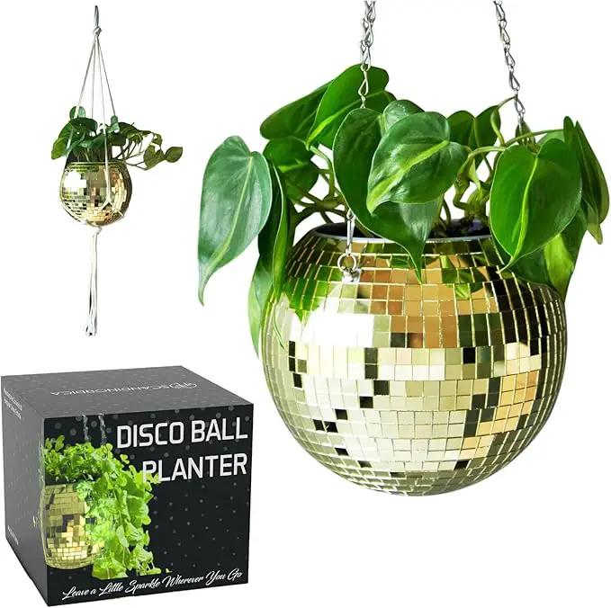 SCANDINORDICA Disco Ball Planter – Value Package: Mirror Disco Planter with Chain, Macrame Hanger and Acrylic Stand for Desk, Includes Self Watering Insert, Disco Decor | 8 inch Gold by GreenHaven Gardens