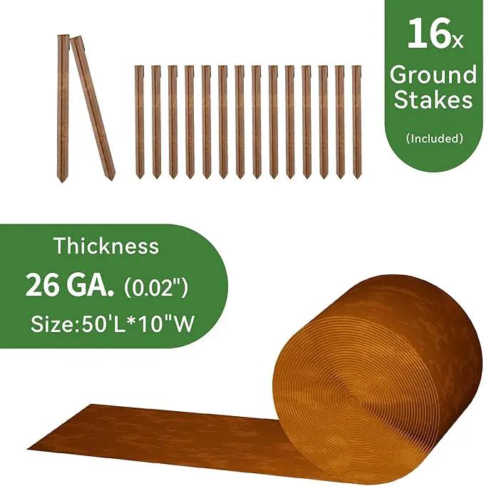 Worth Galvanized Steel Landscape Edging 10" x50' Metal Garden Edging Roll Flexible Bender Border with 16Pcs Stakes for Lawn, Flower Bed Edges, Rust-Like Color by GreenHaven Gardens
