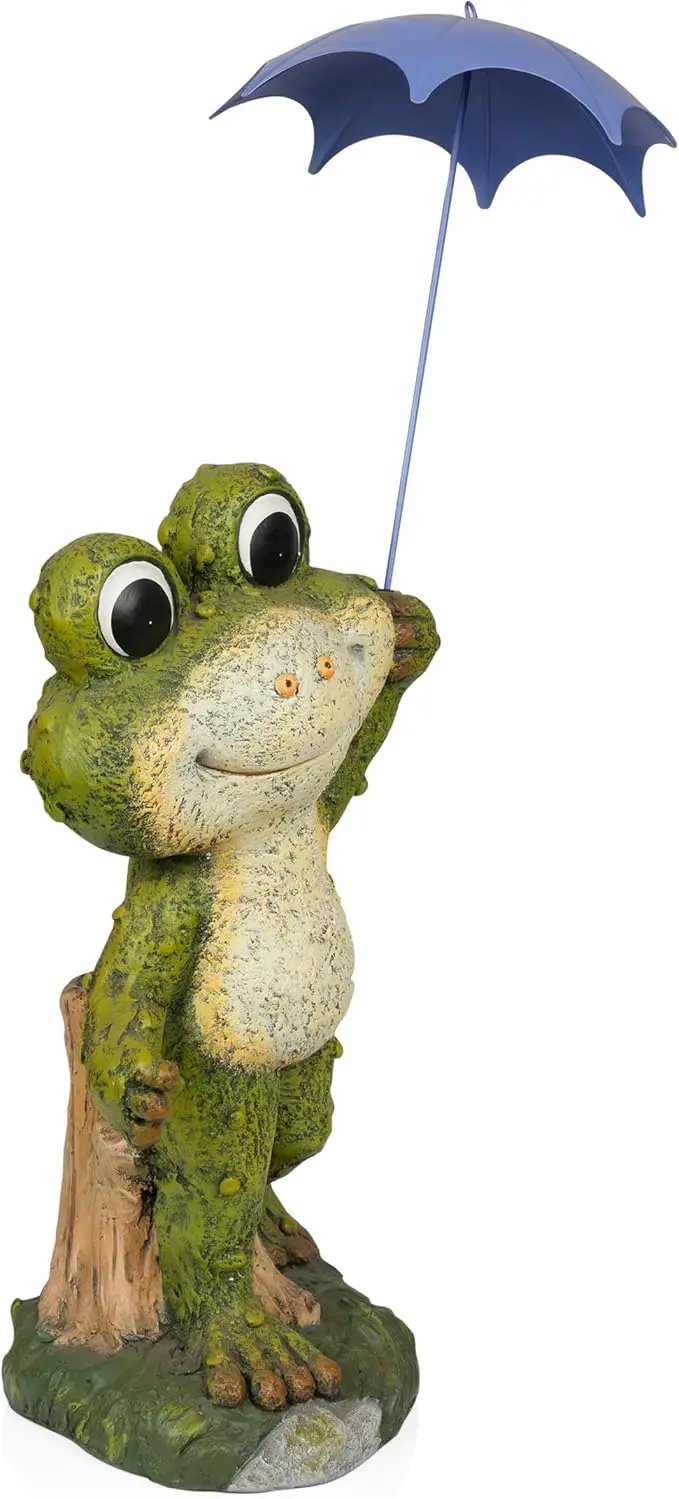 Alpine Corporation QWR1002 Indoor/Outdoor Smiling Frog with Purple Umbrella Garden Statue, Playful Frog Statue, 27" H, Green by GreenHaven Gardens