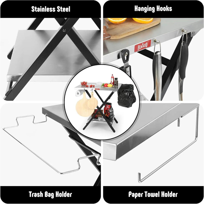 Outdoor Grill Table, Foldable Pizza Oven Stand & Blackstone Griddle Stand with Garage Rack & Tissue Holder, Folding Outdoor Prep Table for Gathering and Party, 30" x 24", Stainless Steel by GreenHaven Gardens