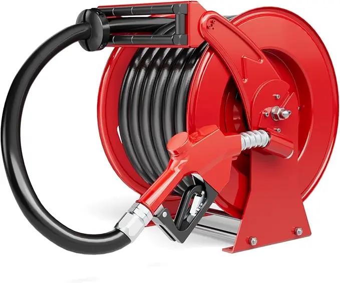 Fuel Hose Reel 1" x 50FT Extra Long Retractable Diesel Reel 300 PSI Auto Swivel Rewind Diesel Hose Reel with Fueling Nozzle Industrial Carbon Steel for Vehicle Tank Truck Trailer Ship, Red by GreenHaven Gardens