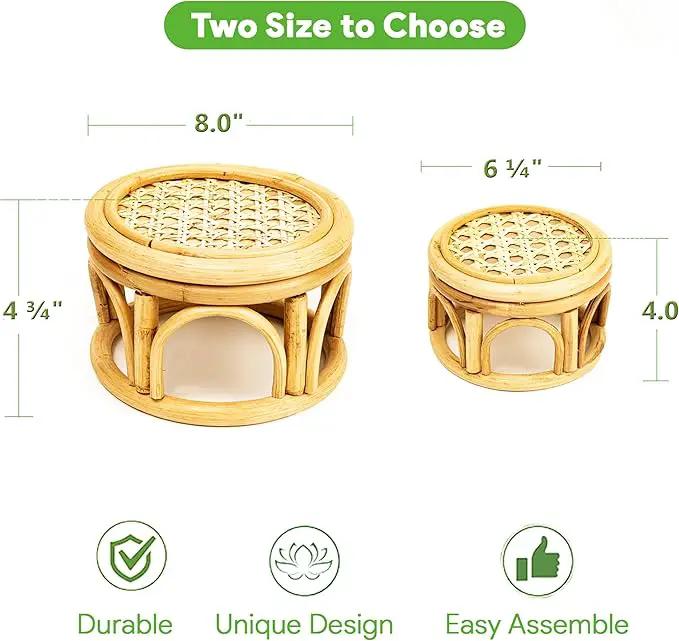 Set of 2 Small Boho Rattan Wicker Round Riser Plant Stand Indoor,Rustic Farmhouse Natural Wooden Circle Pedestal for Decor & Display, Tabletop, Office Decor by GreenHaven Gardens
