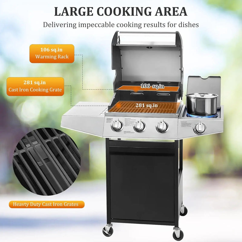 Unovivy 3-Burner Propane Gas BBQ Grill with Side Burner & Porcelain-Enameled Cast Iron Grates Built-in Thermometer, 39,000 BTU Outdoor Cooking, Patio, Garden Barbecue Grill, Black and Silver by GreenHaven Gardens