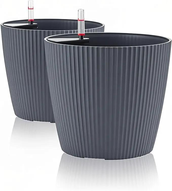 Dexceder 9x8 Self Watering Planters Indoor, Inner Mat Design, Table Flower Plant Pot with Water Level Indicator (2 Pack, Gray) by GreenHaven Gardens