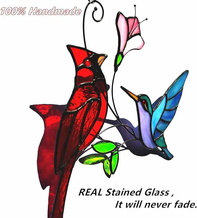 Stained Glass Red Cardinal with Hummingbird Suncatcher Window Hanging Ornament, Stain Glass Birds Sun Catchers for Window Decor,Red Cardinal Hummingbird Gifts for Women, Mom, Birds Lovers by GreenHaven Gardens