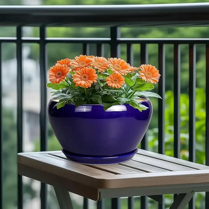 Ceramic Pot for Plants - 11 Inch Modern Round Indoor Planter with Drainage Hole and Planter Saucer for Flowers, Patio Office Home Room Decor, Gardening Gifts for Women & Men, Blue by GreenHaven Gardens