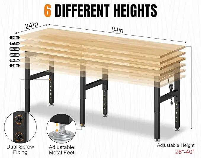 84” Adjustable Height Workbench, 5000 LBS Heavy Duty Table Rubber Wood Workstation with Power Outlet & Pegboard for Garage, Office, Workshop, Home,Commercial by GreenHaven Gardens