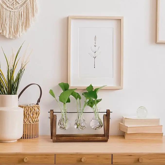 YIBOT Propagation Stations,Plant Terrarium with Retro Wooden Stand, Unique Gardening Birthday Gifts for Women Plant Lovers, Hydroponics Plants Home Office Garden Decor - 3 Bulb Glass Vases by GreenHaven Gardens