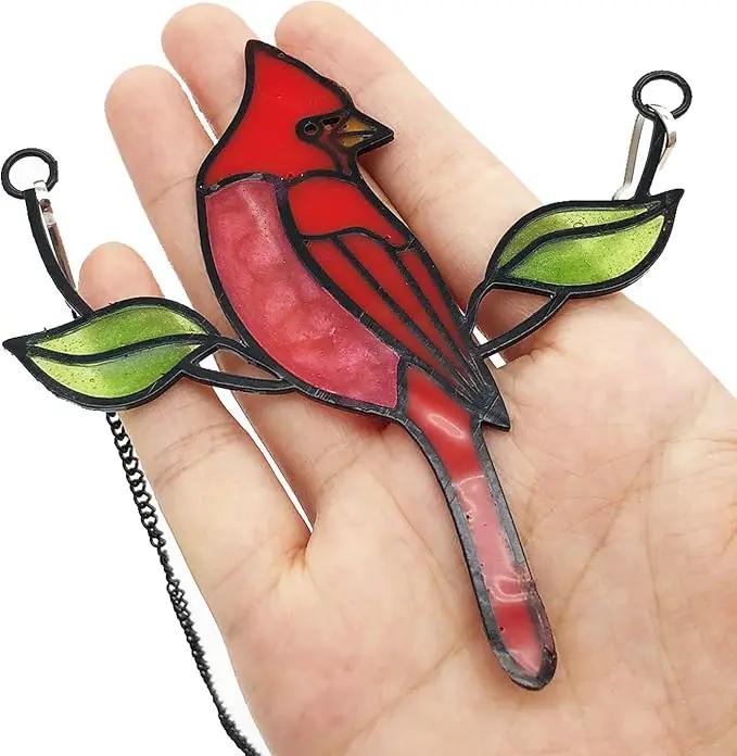 Cardinal Suncatcher, Small Stained Glass Birds Window Hanging Decoration by GreenHaven Gardens