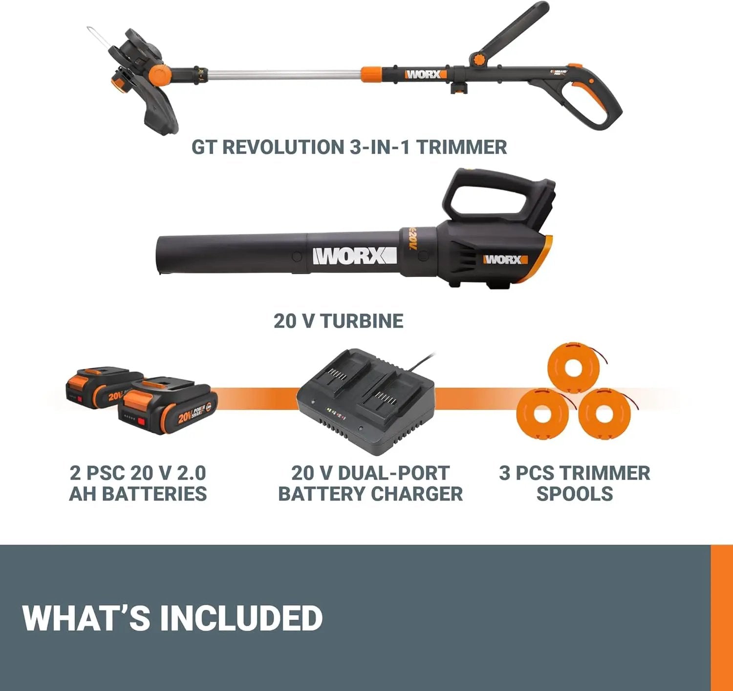 Worx 20V GT Revolution 12" Cordless String Trimmer & Turbine Leaf Blower Power Share Combo Kit - WG930.2 (Batteries & Charger Included) by GreenHaven Gardens