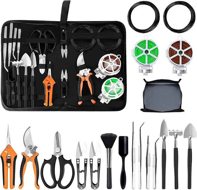 Bonsai Tools Set, 20 Pcs Gardening Succulent Tree Indoor Beginner Tool Kit, Include 262 Feet Bonsai Wire, 29.5"x29.5" Plant Repotting Mat, Leather Bag, Bonsai Scissors, Pruning Shears, Gifts for Women by GreenHaven Gardens