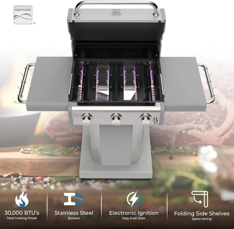 Kenmore 3-Burner Outdoor BBQ Grill | Liquid Propane Barbecue Gas Grill with Folding Sides, PG-A4030400LD-PE, Pedestal Grill with Wheels, 30000 BTU, Pearl White by GreenHaven Gardens