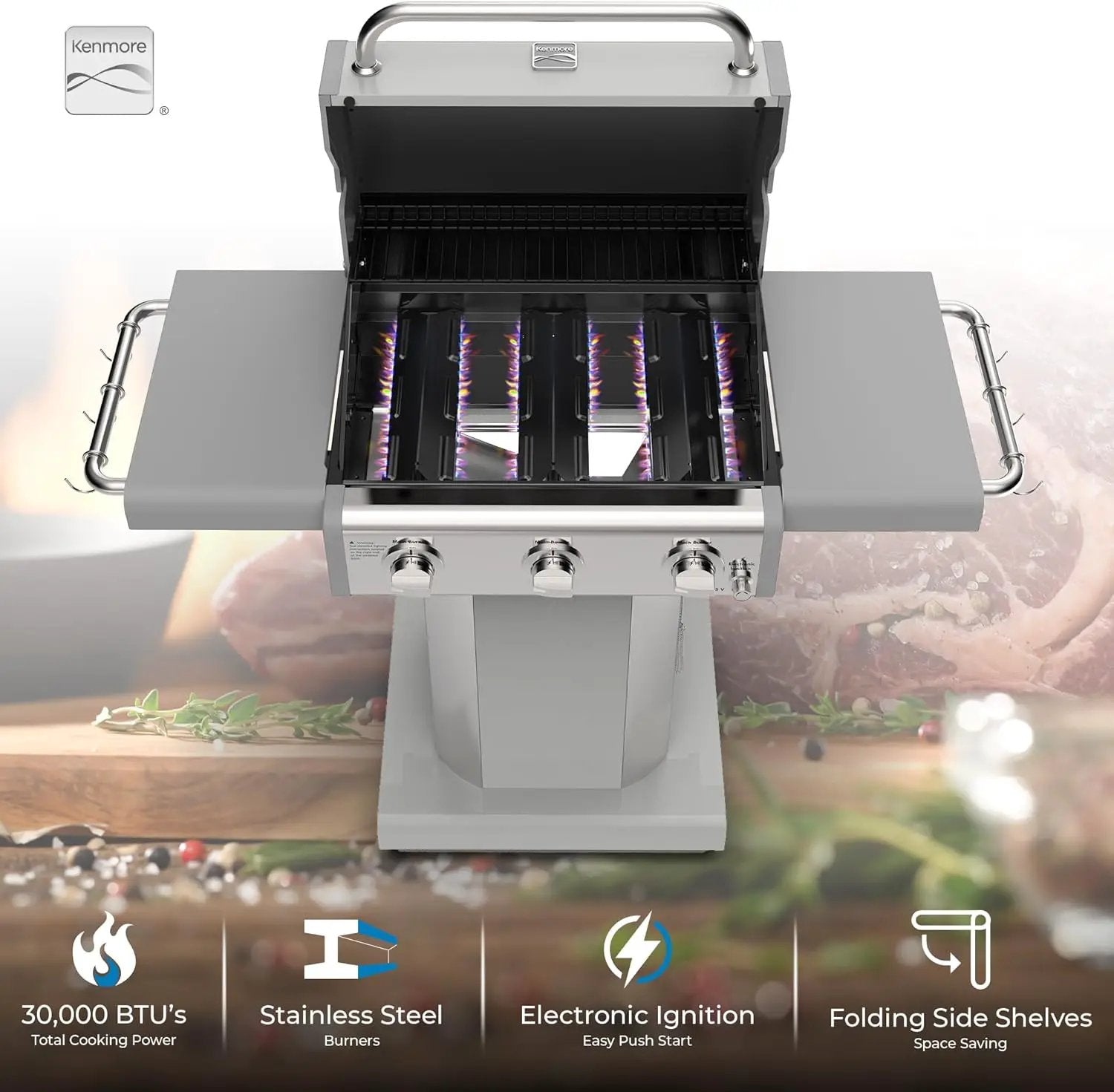 Kenmore 3-Burner Propane BBQ Grill, 30,000 BTUs Gas Grill with Cast Iron Cooking Grates, Folding Side Tables & Wheels, Outdoor Grill with Tool Hooks, Pearl White + Bonus Cover by GreenHaven Gardens